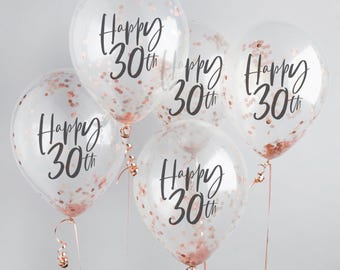 Happy 30th Birthday Confetti balloons 5 pack, 30th Birthday balloons, 30th helium balloons, confetti balloons, rose gold balloons, 30 party
