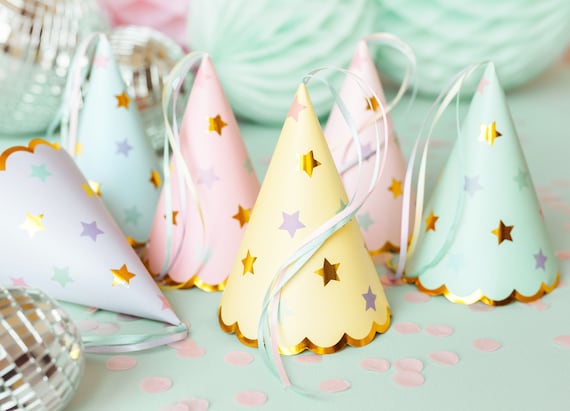 Pastel Party Hats x 6, Pastel Birthday Party Hats, Pastel Party Decorations, Kids Birthday Hats