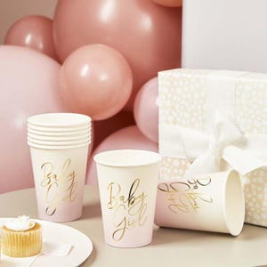 Pink &#39;Baby Girl&#39; Paper Cups x 8, Pink Baby Shower Supplies, baby girl baby shower tableware, welcome baby party