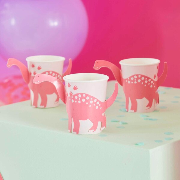 Pink Pop Out Dinosaur Paper Cups x 8, copas de fiesta de dinosaurios, fiesta de dinosaurios rosas, copas de fiesta de dinosaurios para niñas, vajilla de fiesta, copas de dinosaurios