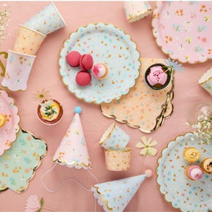 Puede incluir: Un conjunto de art&iacute;culos para fiestas con un dise&ntilde;o floral. Incluye platos, vasos, envoltorios para cupcakes y gorros de fiesta en colores pastel. Los platos tienen un borde festoneado y ribete dorado. Macarons y cupcakes est&aacute;n colocados en los platos.