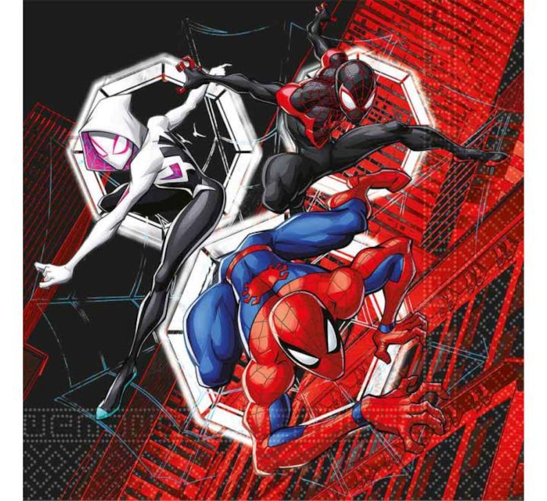 May include: An action-packed illustration featuring three Spider-Man characters. Spider-Gwen in a white and black suit, Miles Morales in a black and red suit, and Spider-Man in a classic red and blue suit, all posed dynamically against a red and black background.