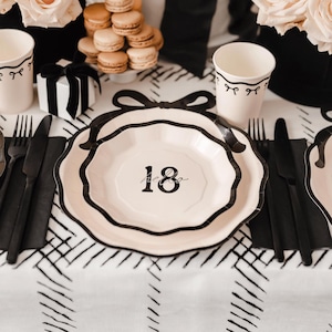 Cream & Black Hello 18 Paper Plates x 6, 18th birthday party plates, 18th party supplies, black bow party plates