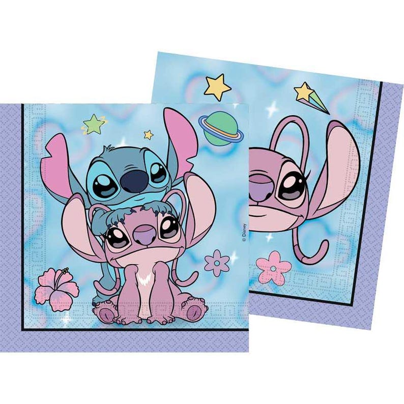 May include: Two square paper napkins featuring the characters Stitch and Angel from Lilo & Stitch. The design includes a light blue background with a subtle holographic pattern, pink hibiscus flowers, yellow stars, and a small planet graphic.