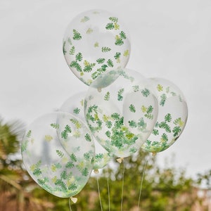 Safari Party Balloons x 5, Jungle Leaf Confetti Filled Balloons, Safari birthday confetti balloons, Jungle Confetti Balloon Bundle x 5,