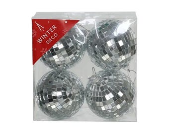 Bolas de espelho discoteca prateadas de 10 cm (4 unidades), decoração de festa com bolas de glitter para pendurar, aniversário, casamento, bodas, topo de bolo com bola de discoteca