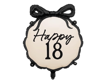 Happy 18 Black Bow Foil Balloon, Bow themed 18th birthday party supplies, monochrome party decorations