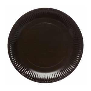 May include: Black paper party plate with a fluted edge.