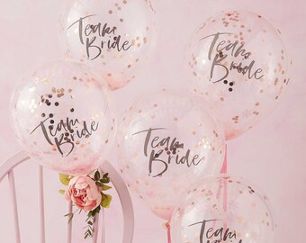 Team Bride Hen Party Confetti Balloons x 5, Pink and Rose Gold Balloons, Hen Party Decorations, Bridal Shower Decor, Bachelorette Party