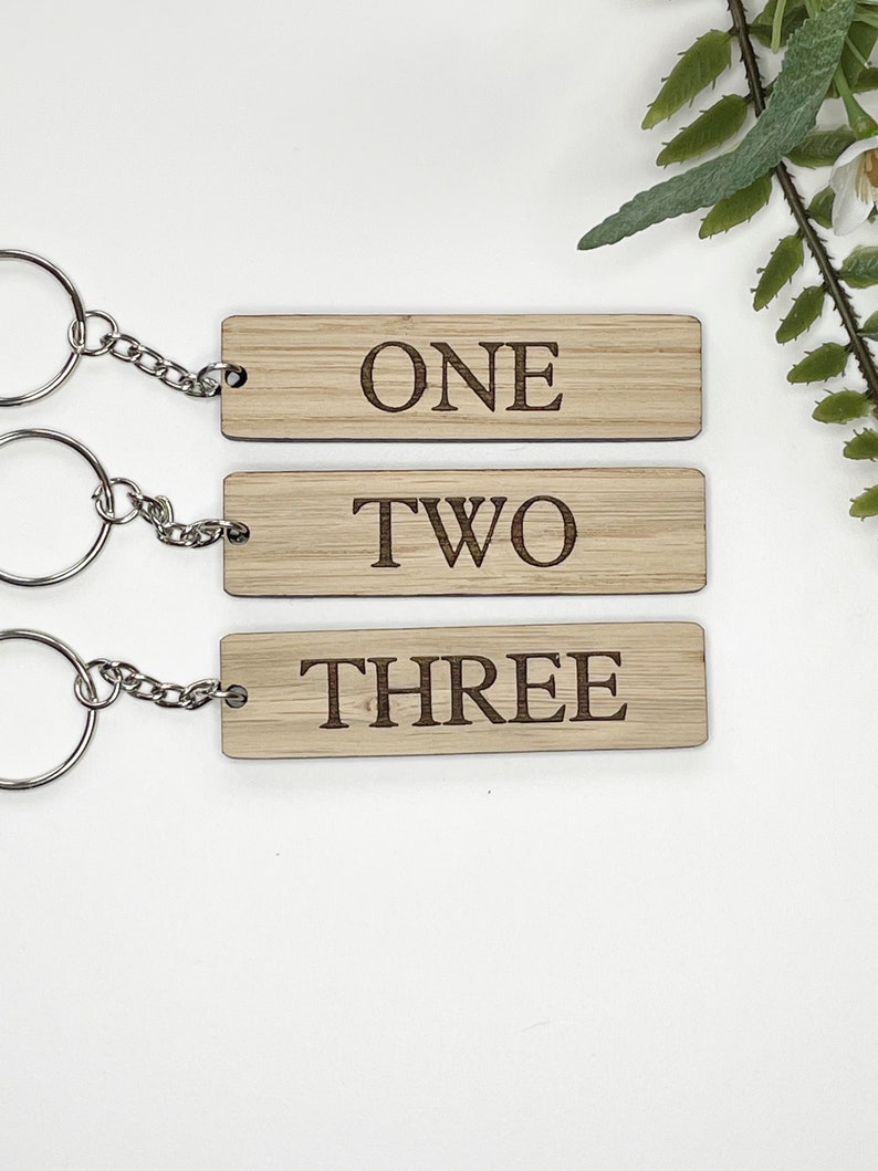 Personalised Oak Key Ring Rustic Cherrywood Key Fob Custom Hotel / Holiday Lets Beech Wooden Keyrings Grandad's Shed Dad's Man Cave image 1