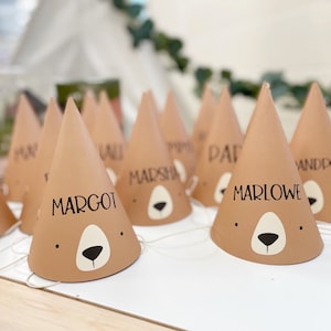 Personalised Adventure Bear Party Hats x 8, Bear Party hats,  Teddy Bear picnic party decorations, My Minds eye party supplies outdoor