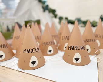 Personalised Adventure Bear Party Hats x 8, Bear Party hats,  Teddy Bear picnic party decorations, My Minds eye party supplies outdoor