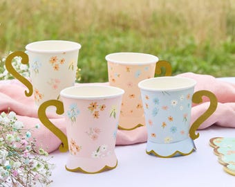 Floral Tea Party Paper Cups x 8, tea party tableware, floral birthday party supplies, garden party, floral birthday party supplies