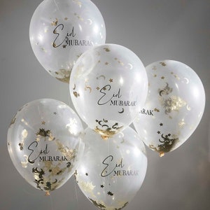 Eid Mubarak Moon & Star Confetti Eid Balloon Bundle x 5, Eid Decorations, Eid Balloons, Gold Eid Mubarak balloons