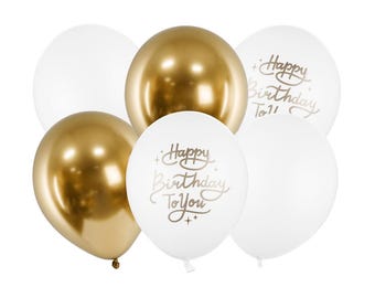 Gold and White Happy Birthday Latex Balloons x 6, Gold Latex Balloon Bundle, Gold Balloons , balloon bundle, Birthday party decorations