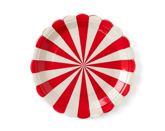 Red Carnival Swirl Party Plates x 8, Circus theme party tableware, Red and White circus tent greatest showman kids party set of plates