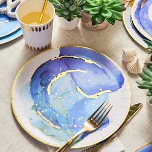 Ocean Watercolour Large Plates x 10, Blue set of plates, ocean theme birthday party tableware, dinner party tablescaping plates