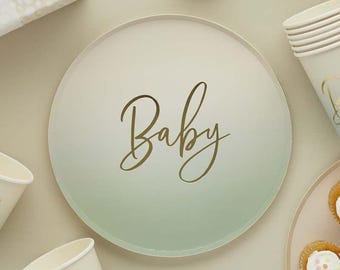 Saliegroene papieren bordjes voor een babyshower (8 stuks), babyshowerbordjes, babyshowerbenodigdheden, babyshowerservies