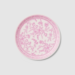May include: A white paper plate with a pink floral design. The plate has a scalloped edge and a delicate floral pattern.
