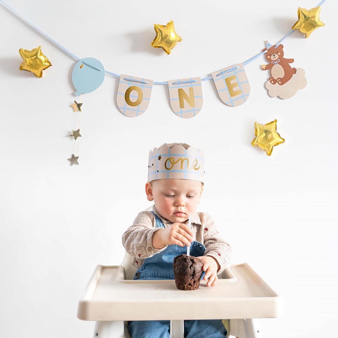First Birthday Teddy Bear Chair Banner & Crown, 1st Birthday Party High ...