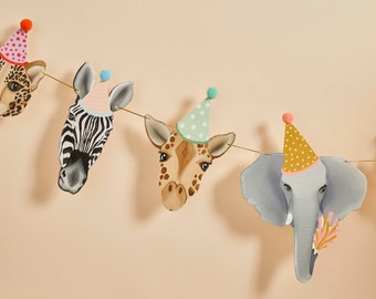 Animal Party Bunting, Safari Party Animal Garland 2m/7ft, Safari Banner, Wild One, 1st Birthday, Animal Party Decorations, Giraffe, Zebra