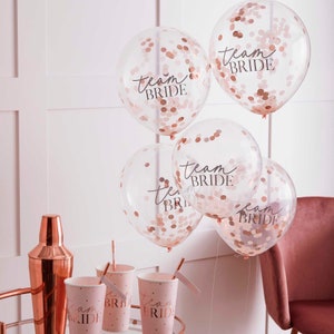 Hen Party Balloons x 5, Rose Gold Confetti Filled Team Bride Balloons x 5, Hen Party Balloons, Rose Gold Hen Do, Confetti balloons