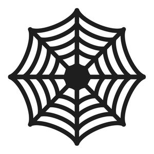 May include: A black spider's web graphic on a white background. The web is a symmetrical design with a circular centre and radiating lines, suitable for Halloween or spooky-themed crafts and decorations.