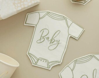 Saliegroene papieren servetten met babyrompertjemotief (16 stuks), saliegroene babyshower servetten, eucalyptus babyshower benodigdheden, neutraal babyshower servies