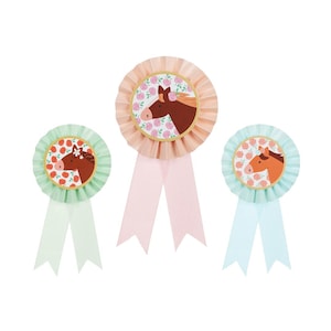 Op de afbeelding: Drie paardenthema-prijslintjes met roze, groene en blauwe linten. Elk lint heeft een ronde rozet met een paardenkop en een bloemenpatroon.