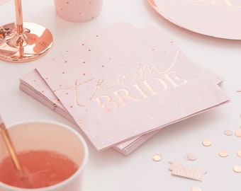 Hen Party Napkins x 16 Pink & Rose Gold, Pink and Gold Hen Party Decorations, Team Bride Tableware set of napkins, cocktail napkins