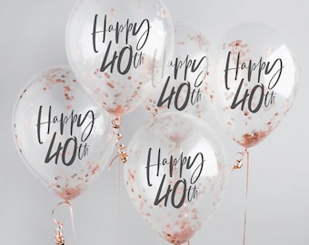 Happy 40th Birthday Confetti balloons 5 pack, 40th Birthday balloons, 40th helium balloons, confetti balloons, rose gold balloons, 40 party