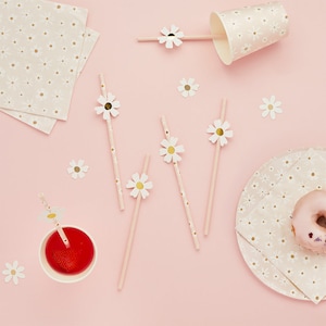 Cannucce di carta a forma di margherita (confezione da 16), festa floreale per bambine, stoviglie a forma di margherita, cannucce a forma di margherita rosa, stoviglie per feste a forma di margherita, stoviglie pasquali