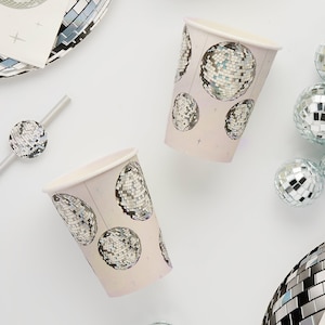 Disco Ball Paper Cups x 8, disco party supplies, disco ball theme birthday party cups, glitter ball party cups