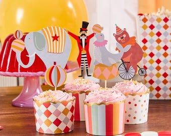 Voedselbekers circusfeest met 12 x cupcake-prikkers, circusfeestartikelen, circus verjaardagsfeestje decoraties, decor circusthemafeest