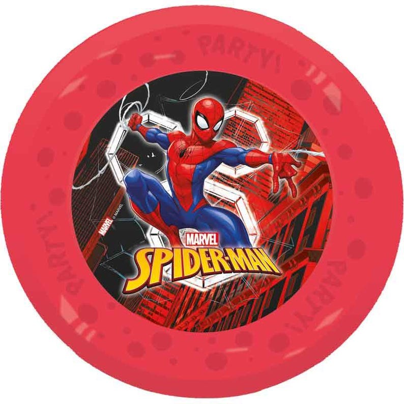 May include: A red Spider-Man themed party plate. The plate features a central image of Spider-Man in his classic red and blue suit, with the Marvel Spider-Man logo. The rim of the plate has the word "PARTY!" repeated around the edge.