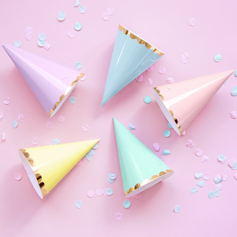 Party Hats 6 x Pastel and Gold Party Hats