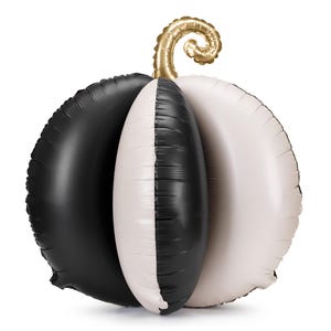May include: A large, inflatable pumpkin balloon in black, white, and gold. The pumpkin is divided into sections of black and white, with a gold stem. Perfect for Halloween or fall-themed parties.