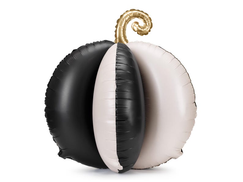 May include: A large, inflatable pumpkin balloon in black, white, and gold. The pumpkin is divided into sections of black and white, with a gold stem. Perfect for Halloween or fall-themed parties.
