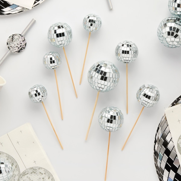Zilveren discobal taartdecoraties – Set van 8, discobal taartdecoratie, disco vrijgezellenfeest