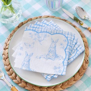 Tovaglioli di carta blu e bianchi con coniglietto giocoso x 20, tovaglioli di carta per feste con stampa vintage a forma di coniglio, tovaglioli pasquali, stoviglie primaverili, tovaglioli per feste con coniglietto