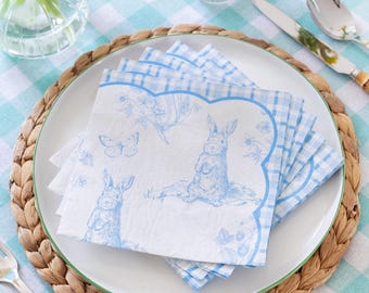 Servilletas de papel conejito juguetón azul y blanco x 20, servilletas de papel con estampado vintage para fiesta de conejo, servilletas de Pascua, vajilla de primavera, servilletas para fiesta de conejo