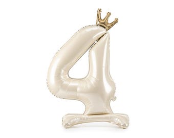 Standing 4th Birthday Balloon, Beige Number 4 Foil Balloon - Light Cream, Teddy Bear theme birthday party supplies