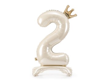 Ballon d'anniversaire sur pied pour les 2 ans, ballon chiffre 2 beige en aluminium - crème clair, articles de fête d'anniversaire sur le thème des ours en peluche