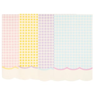 May include: Four pastel-colored, rectangular sheets with a gingham pattern. The colors are pink, yellow, lavender, and light blue. Each sheet has a scalloped edge in a coordinating color. The sheets are likely paper or fabric.