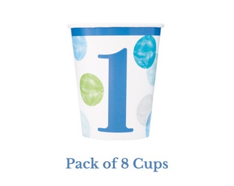 Blue Dots 1st Birthday Party Cups (pack of 8), Boys 1st Birthday Party Tableware set of cups