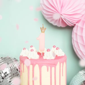 Baby Pink 1st Birthday Candle, Number 1 pink candle, Pink Number Candles, Gold Crown Candles, Gold Crown, Crown, Candle, Baby Girl Candles
