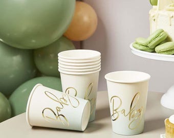 Sage Green Babyparty Papiertassen x 8, Babypartytassen, Babypartyzubehör, Babypartygeschirr