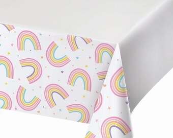 Happy Rainbow Party Tablecover, Childrens Rainbow Party Table Cloth, Rainbow Christening Table Cover, Rainbow Tableware, 1st Birthday Party