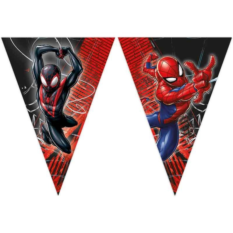 May include: Two triangular Spider-Man banners. One banner features Spider-Man in a black and red suit, the other in a red and blue suit. Both banners have a red and black background with web designs.
