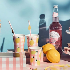 Lemon & Gingham Picnic Party Cups - 8 Pack, Lemon Baby shower tableware, Lemon theme party cups